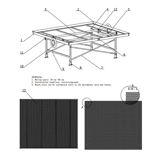 Diagrams of greenhouse rolling bench with expanded metal bench top.