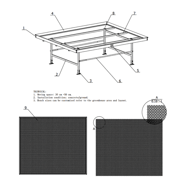 Diagrams of stationary greenhouse bench with expanded metal bench top.