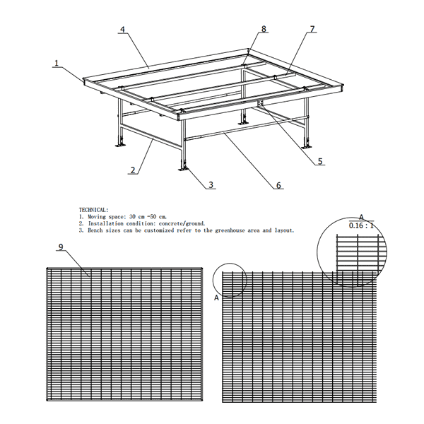 Diagrams of stationary greenhouse bench with welded wire mesh bench top.